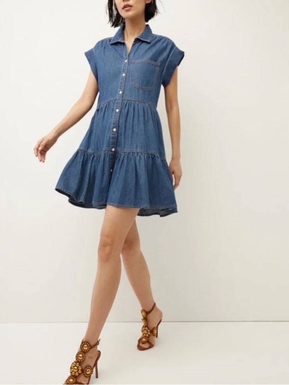 Veronica Beard Trisha Chambray Capped Sleeve Shirt Denim Mini Dress